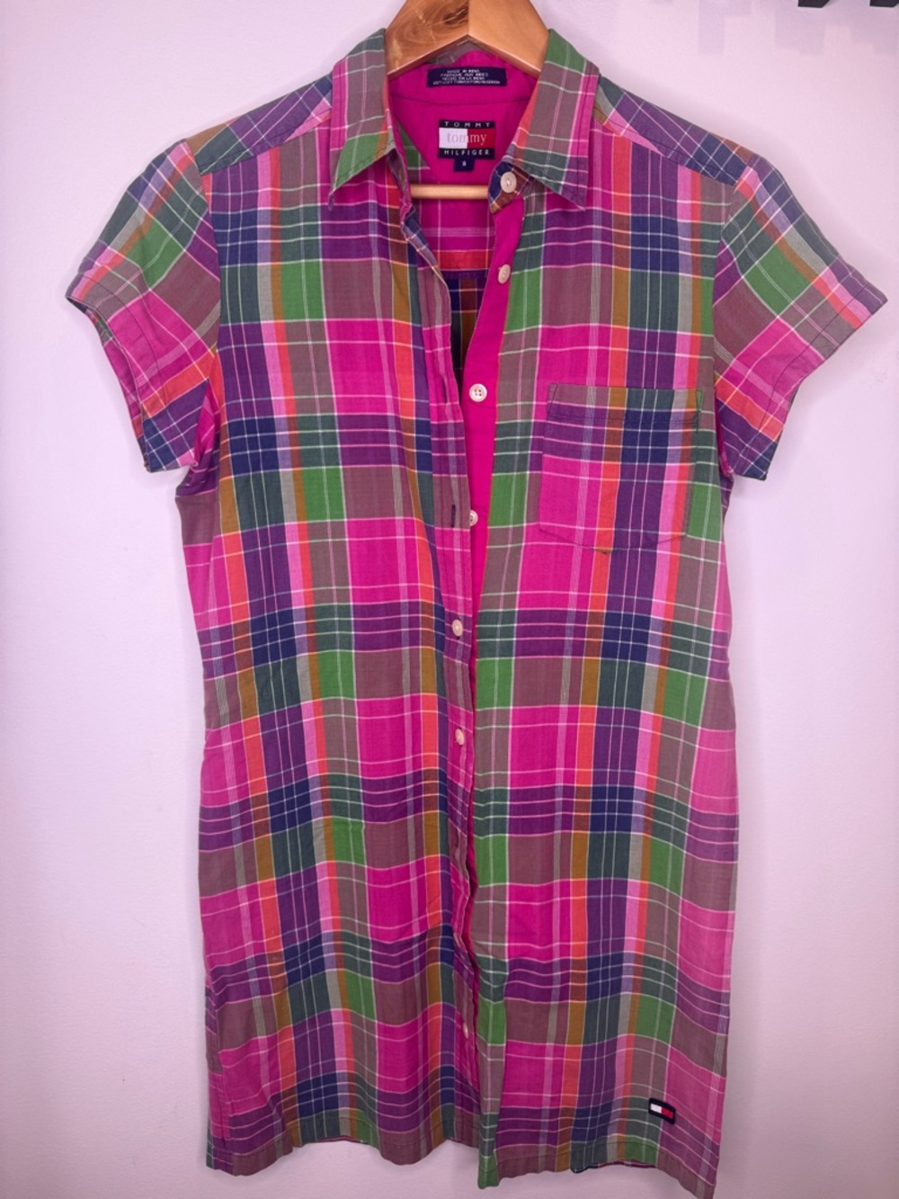 Tommy Hilfiger Bright Pink and Green Plaid Button-Up